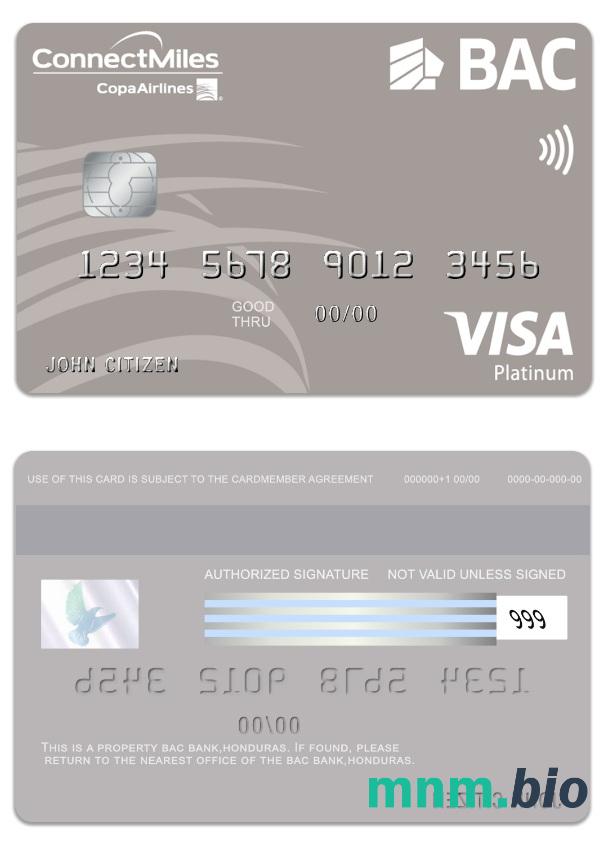 Honduras BAC Bank visa platyna karta przykład w formacie PSD